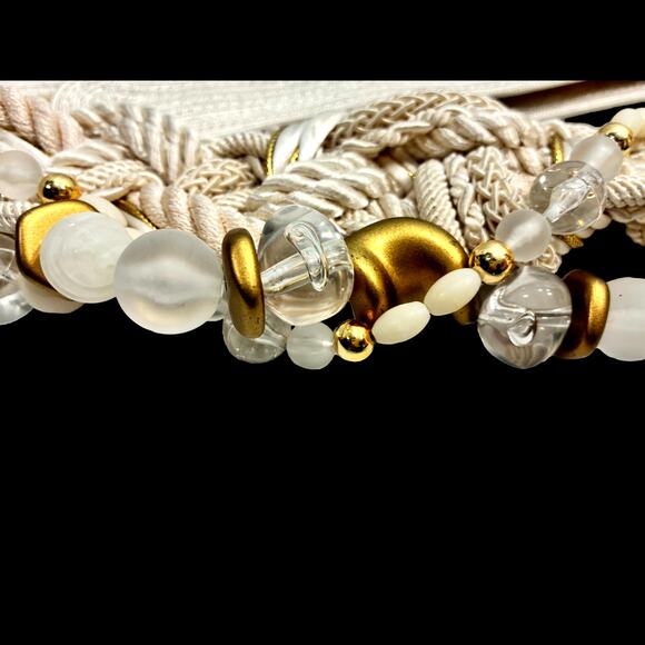 Vintage 80s Ivory Braided Rope Beaded Belt | Gold & Clear Statement Waist Cinch main image 12